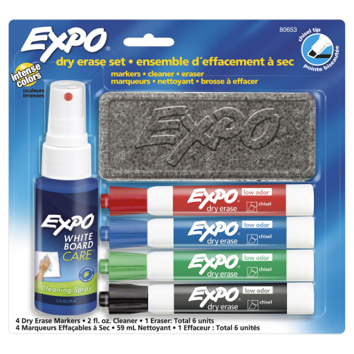 EXPO Ensemble de 6 marqueurs effaçables à sec avec efface et nettoyant en vaporisateur – référence 80653A