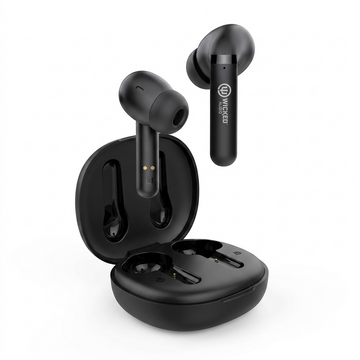 Wicked Audio Mojo 500 Black true wireless earbuds and open charging case hero shot.
