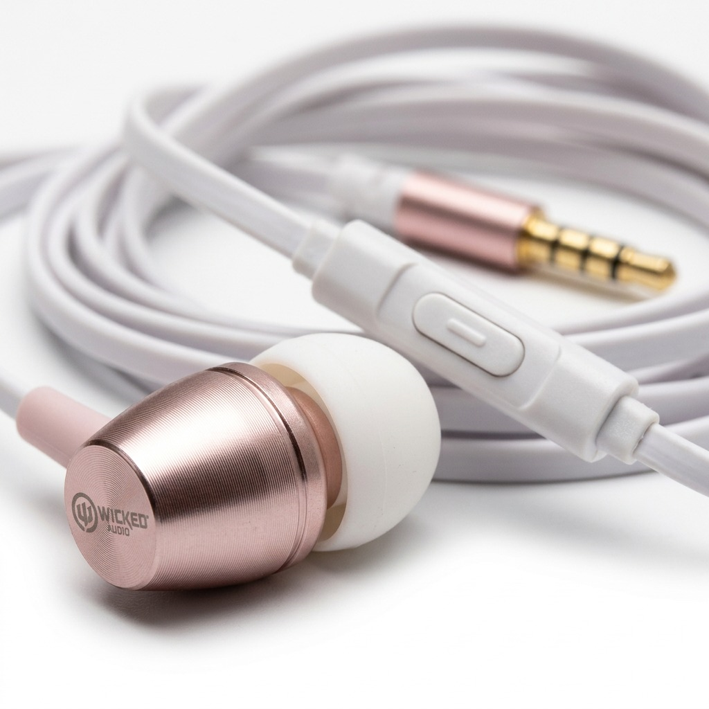 A photo of Wicked Audio rose gold earbuds next to an AA battery on a desk, showing scale.