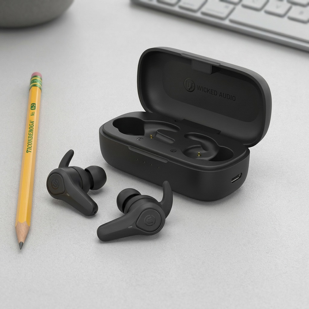 Wicked Audio Axoma Black TWS earbuds with open charging case on a pure white background.