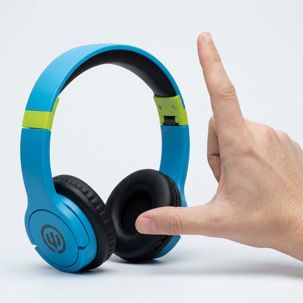 Wicked Audio Rad Rascal Sky Blue and Slime on-ear kids headphones against a pure white background.