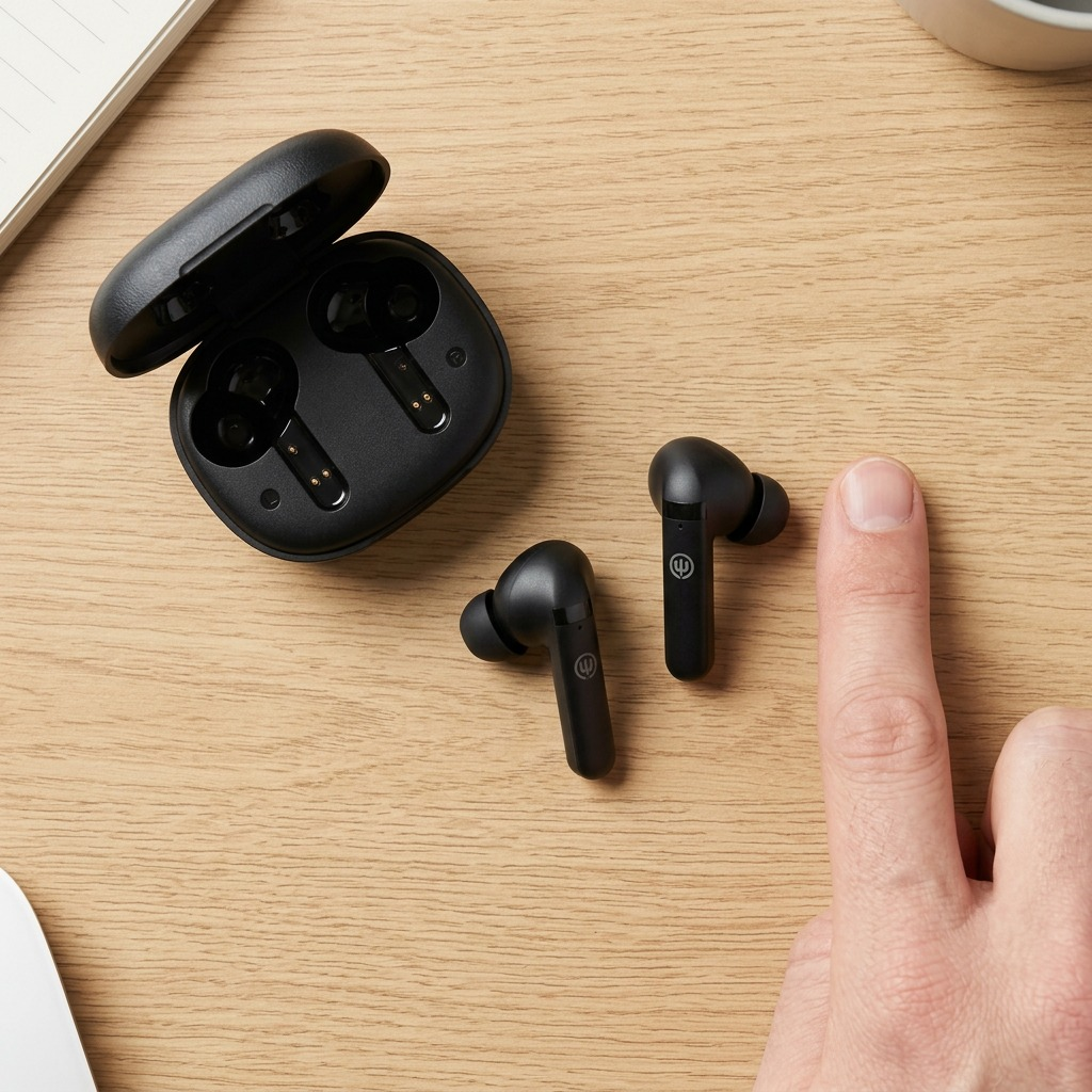 Wicked Audio Mojo 500 Black true wireless earbuds and open charging case hero shot.