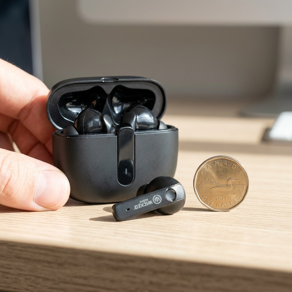 Wicked Audio Mojo 700 true wireless earbuds and open charging case hero shot.