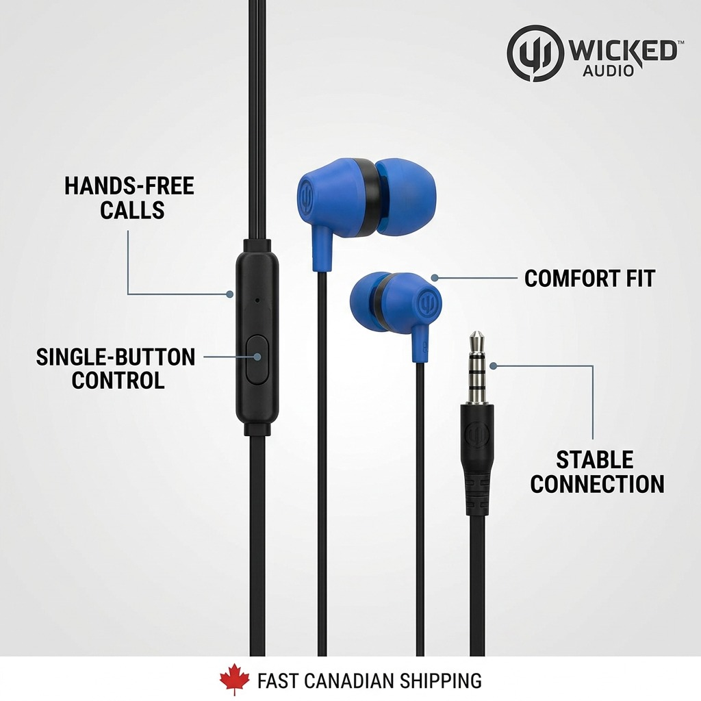 A premium high-resolution hero image of the blue Wicked Audio Hiro in-ear headphones with inline microphone.