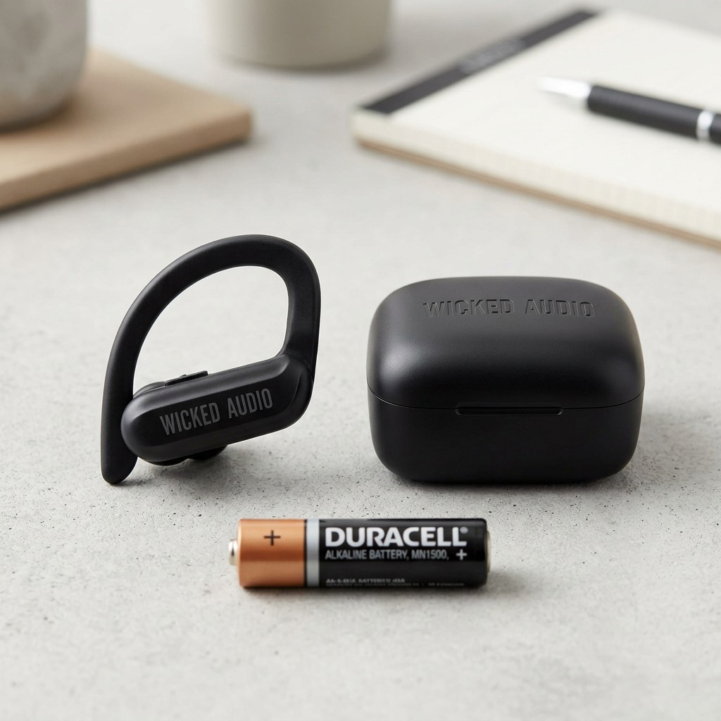 High-resolution hero shot of the black Wicked Audio Raen Sport True Wireless Earbuds and the matching black charging case, isolated on a pure white background. The earbuds feature the 'WICKED AUDIO' script and are angled to show the ergonomic Sport hooks and secure-fit tip.