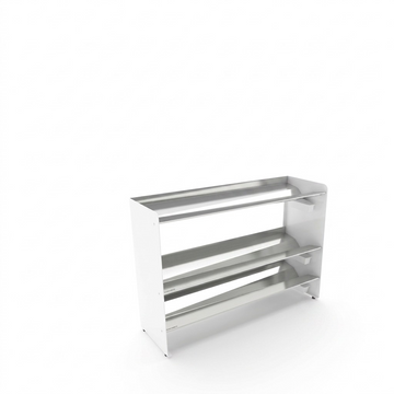 High-resolution hero shot of the white 3-tier RAKABOT stainless steel shoe and boot rack against a white background.