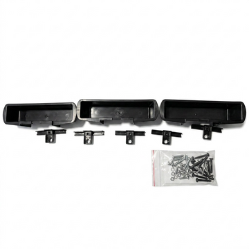 Rakabot Titan 3-Container & Hook Kit in black with screws for shelf installation.