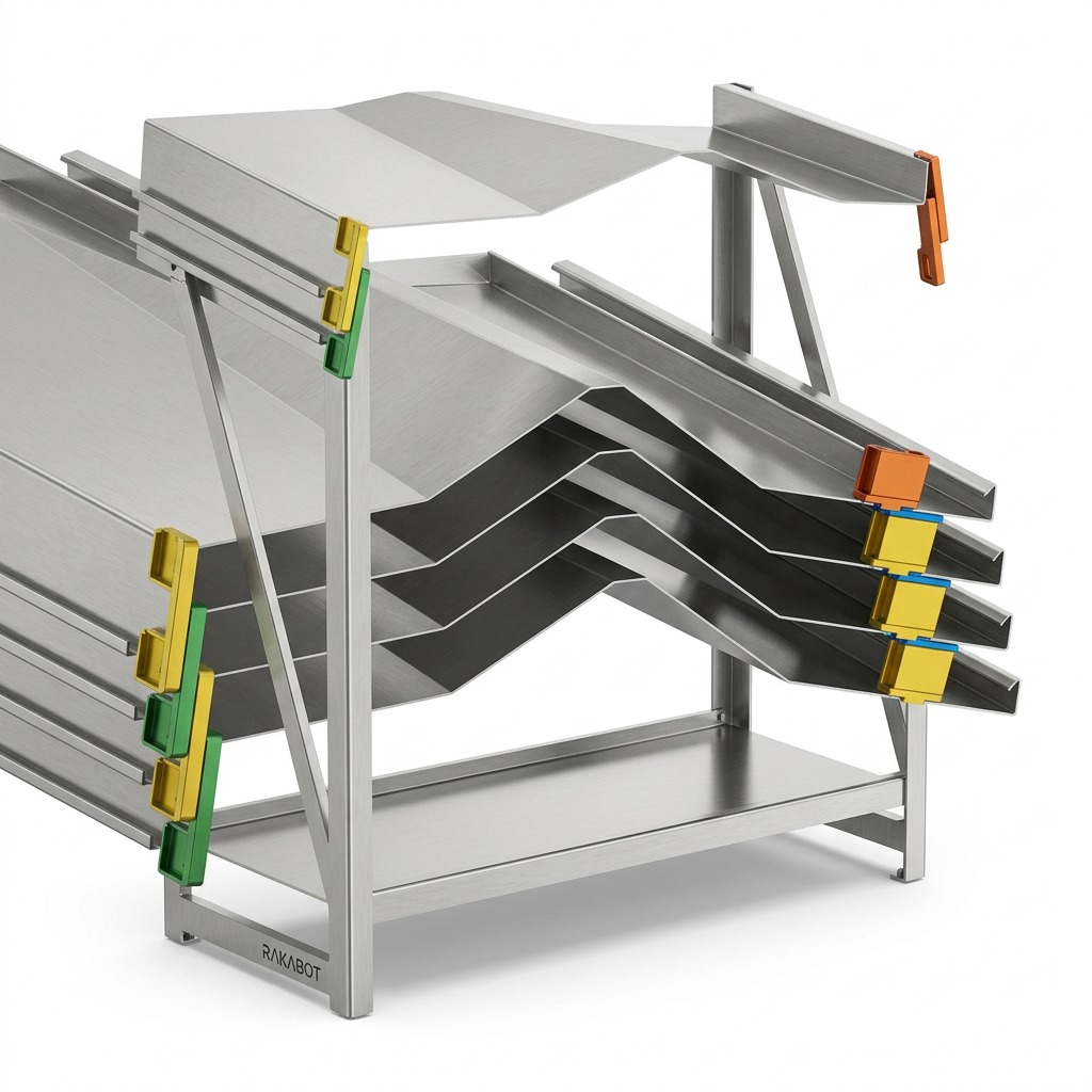 \nRAKABOT Titan 4-Shelf SS Rack: four stainless steel (304 #4) industrial storage shelves, realistic angle.\n