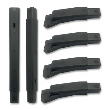 Four dark, angular RAKABOT plastic legs for a Boot Rack, fanned on a pure white background.