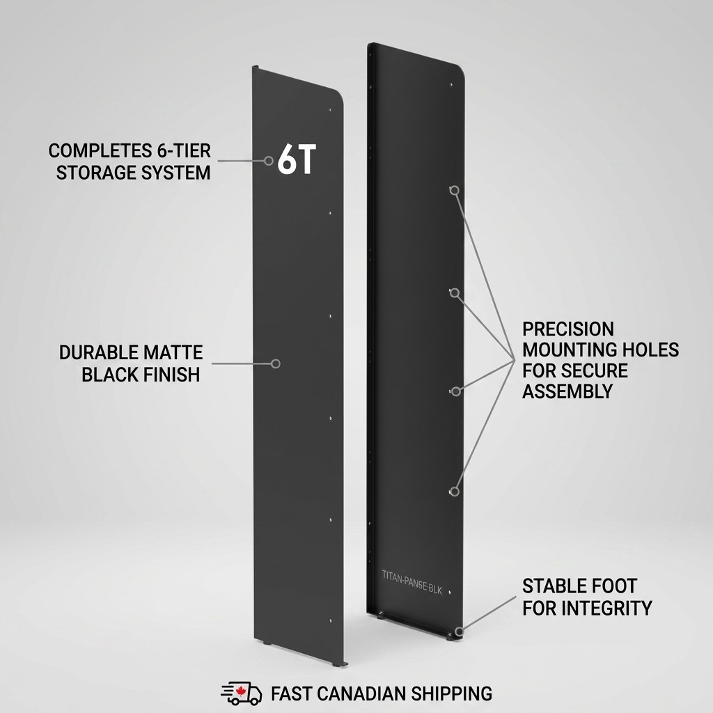 Rakabot Titan 6-Tier Side Panels (Matte Black) with feature callouts and Canadian shipping info.