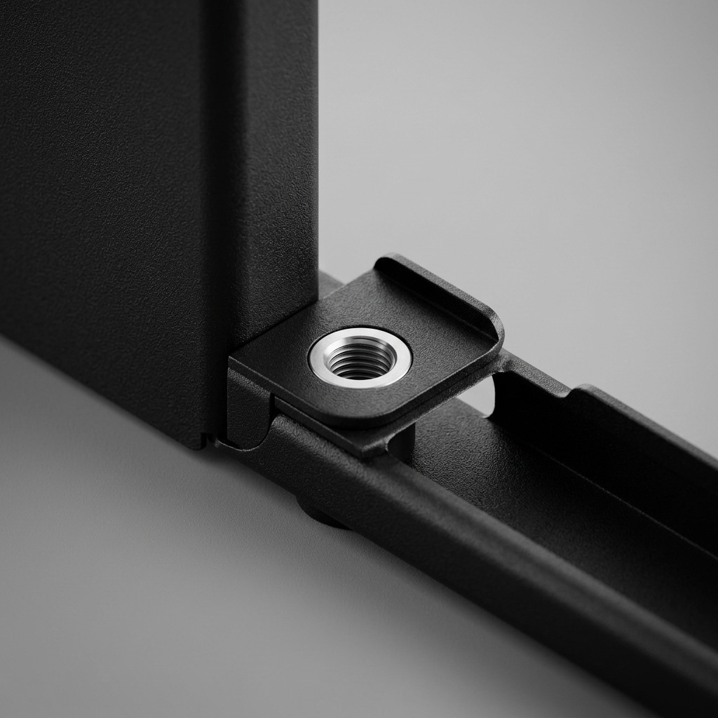 A close-up photograph showcasing the matte black powder-coated texture and precise screw connection point of the Rakabot Titan side panel.