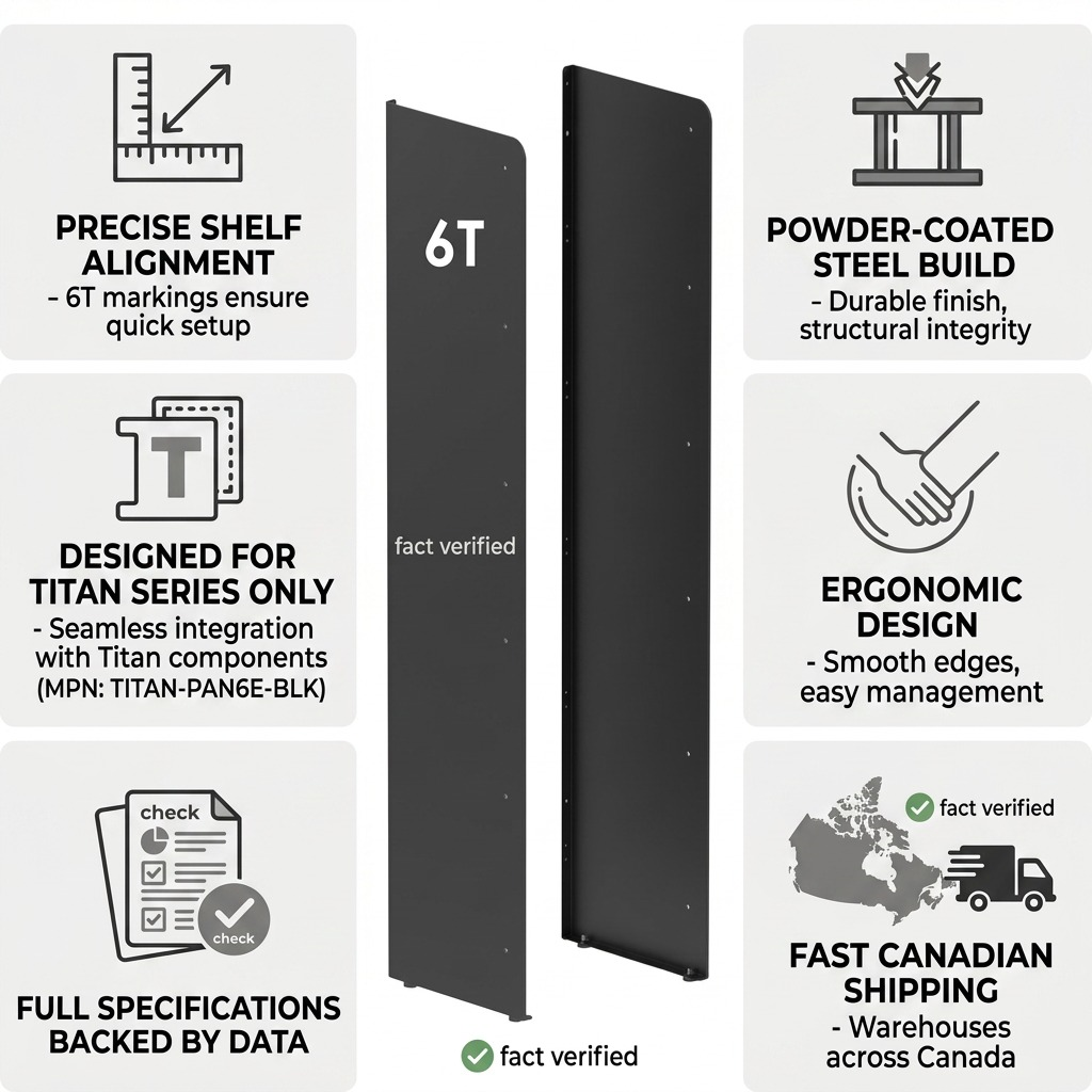An infographic matrix surrounding the Rakabot Titan 6 Tier matte black side panels, showcasing facts, icons, and logistics, with a fast Canadian shipping badge.