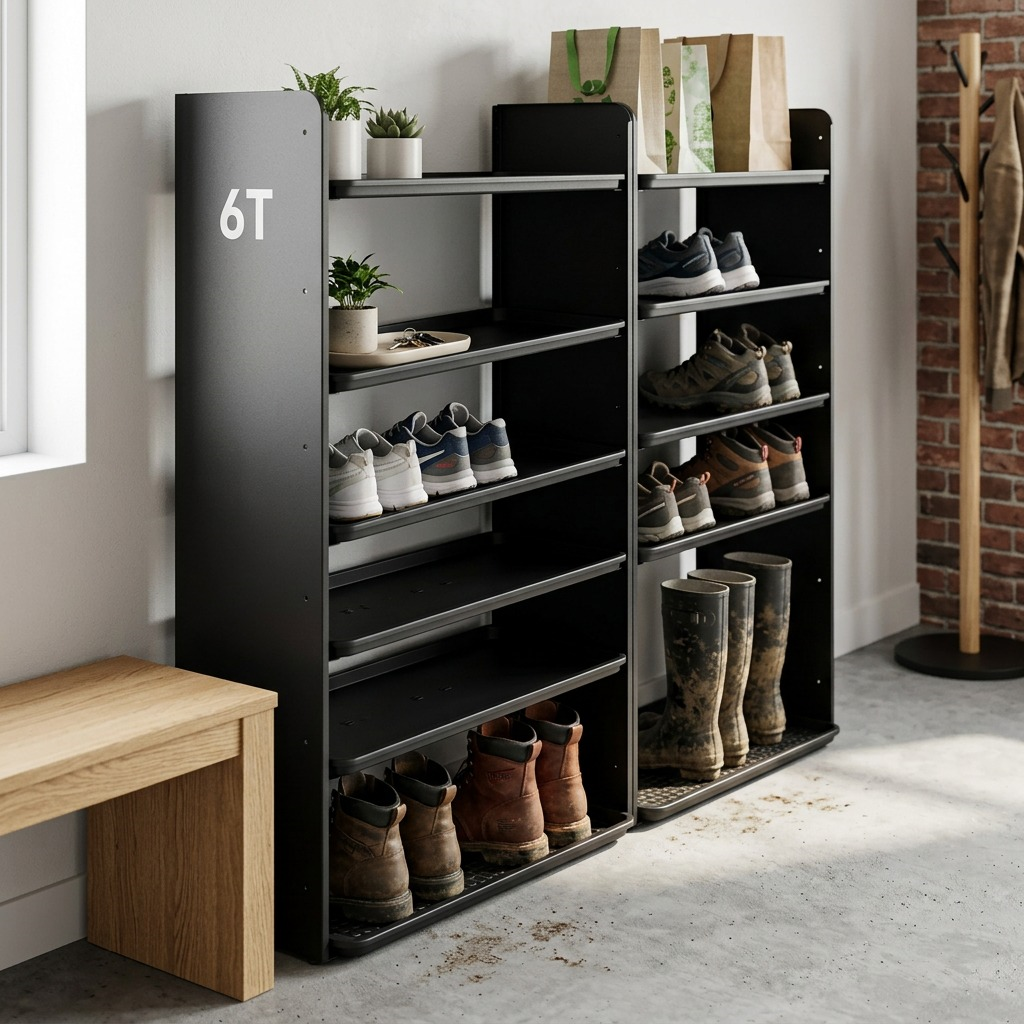 A lifestyle image showing the dark matte black Rakabot 6-tier shoe rack side panel kit, with one panel displaying the "6T" marking, installed on a metal shelving unit near a mudroom entrance, with boots on a waterproof tray. Natural daylight suggests late afternoon.