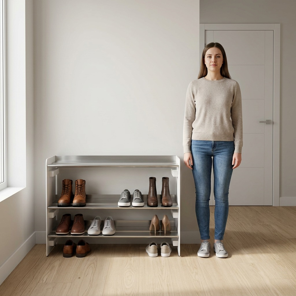 High-resolution hero shot of the white 3-tier RAKABOT stainless steel shoe and boot rack against a white background.