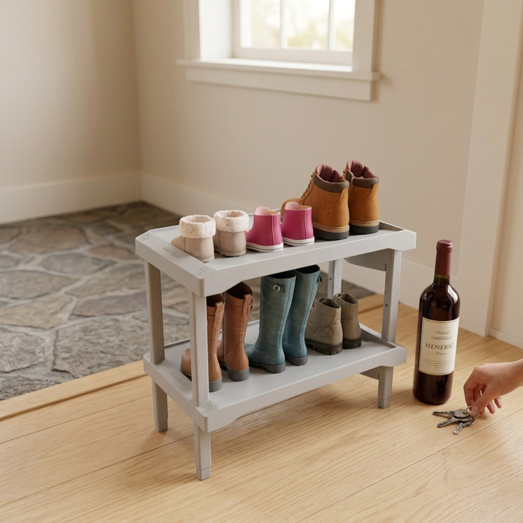 A light grey, 2-tier Rakabot plastic shoe rack holding eight pairs of shoes and boots, centered on a white background.