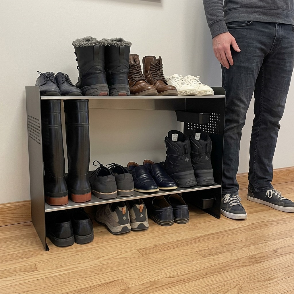 A crisp hero shot of the Rakabot Signature 2 tier shoe and boot rack with multi-colored footwear, set on a pure white background.