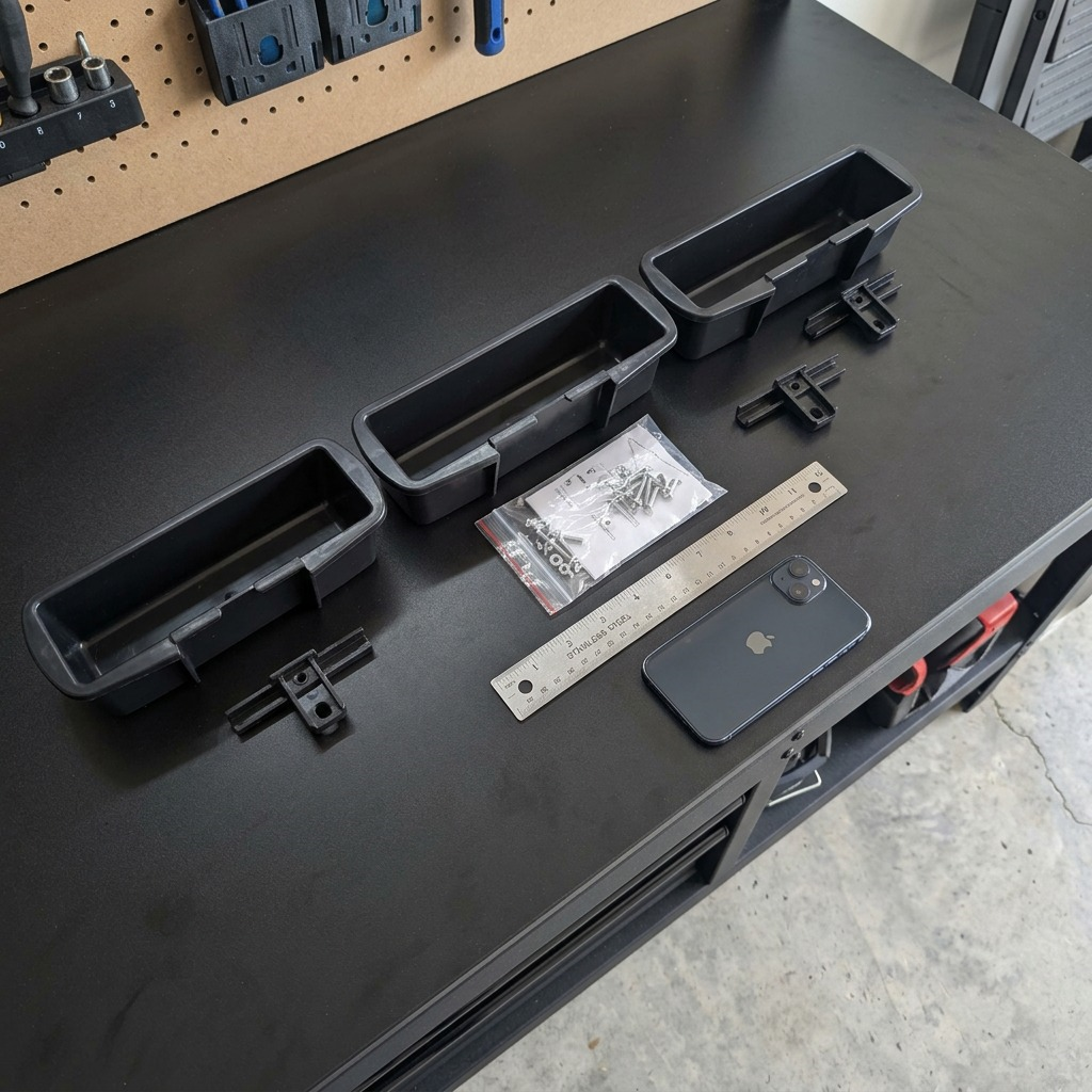 Rakabot Titan 3-Container & Hook Kit in black with screws for shelf installation.