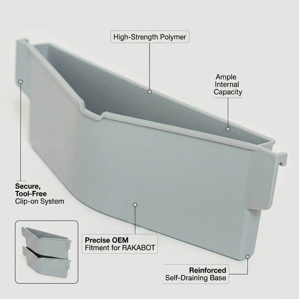 E-commerce feature matrix for RAKABOT plastic replacement storage buckets, highlighting key features and fitment.