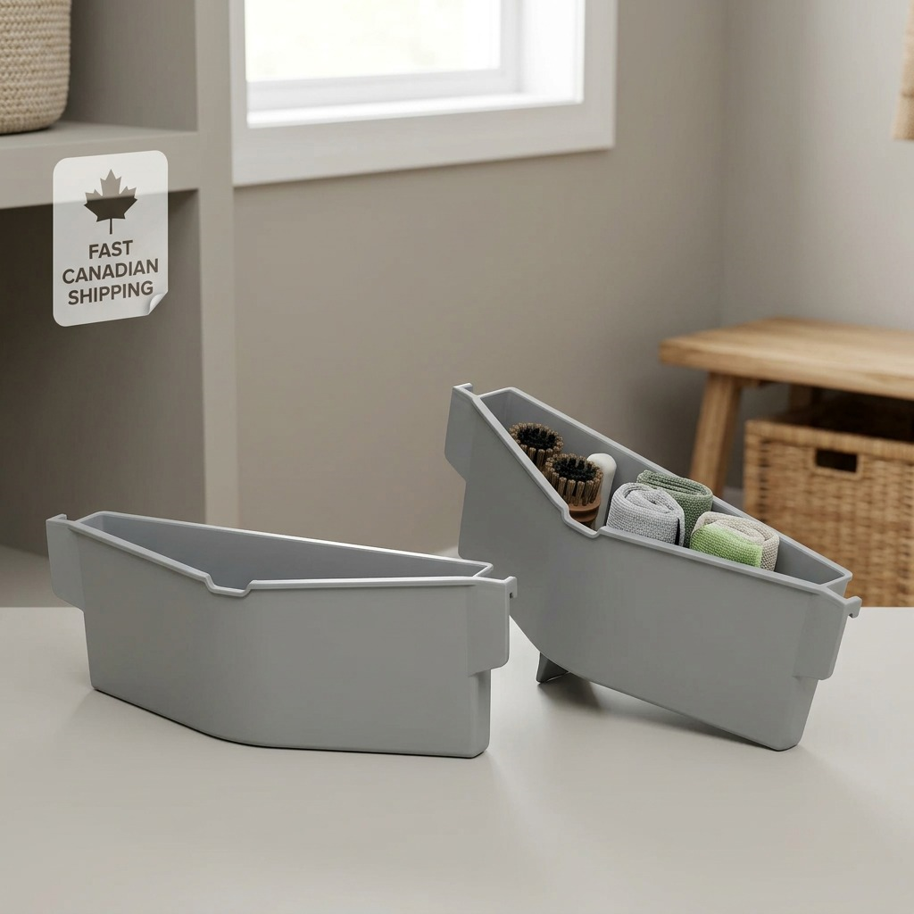 A lifestyle photo showing the two grey Rakabot containers installed in a kitchen shelf unit.