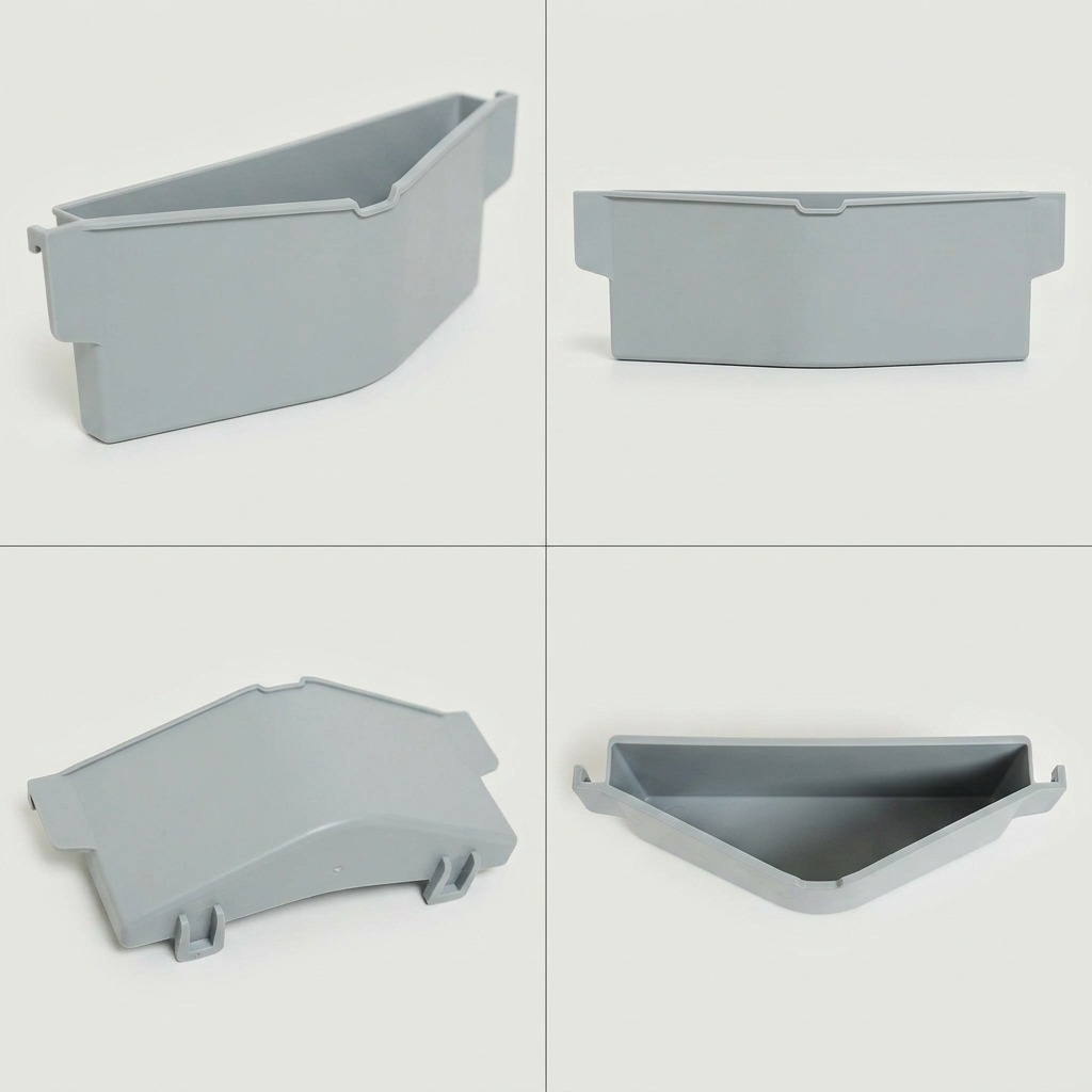 A grid of four photos showing a light grey Rakabot plastic extra replacement container from different angles.