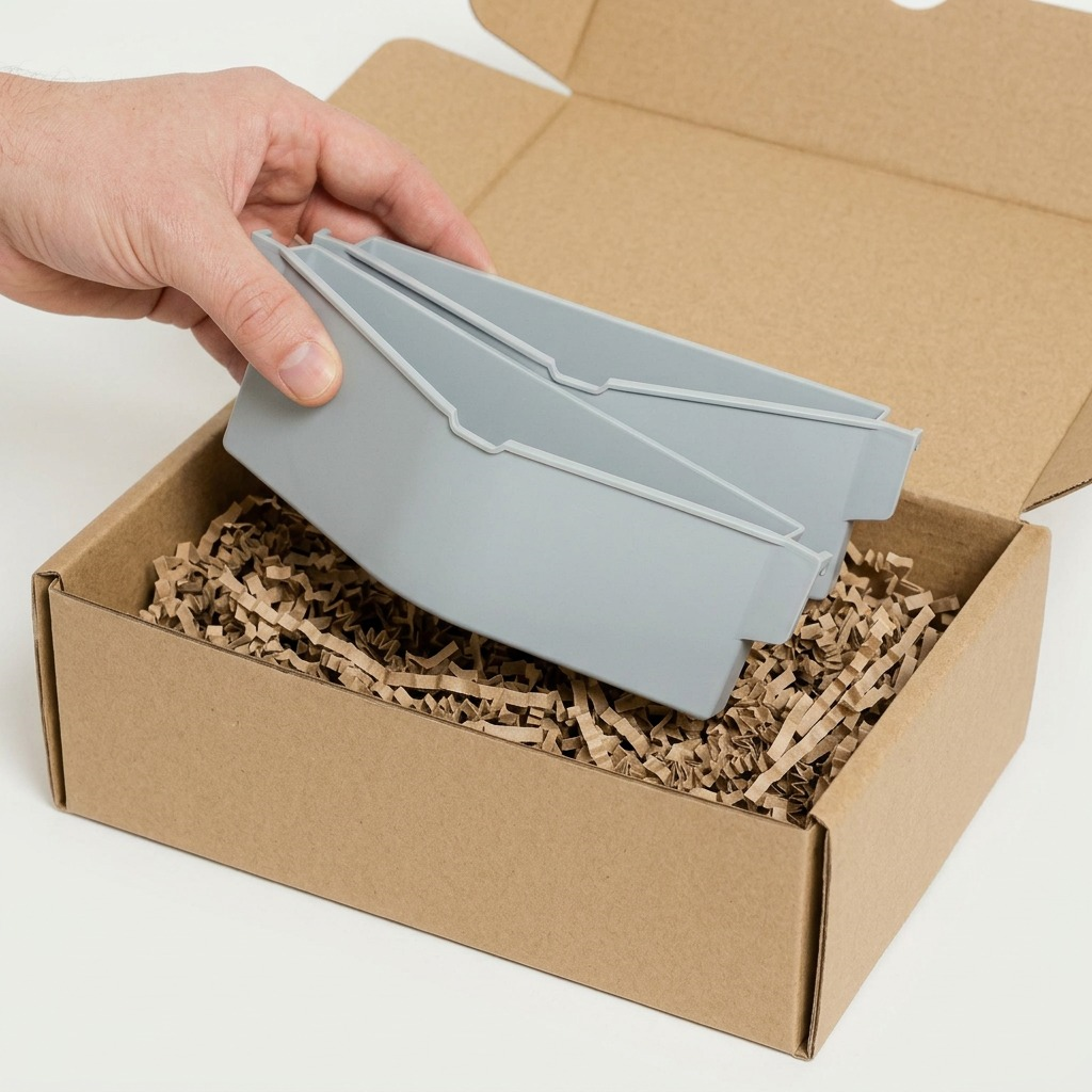 Close-up of a Rakabot light grey replacement container nestled in loose-fill packing peanuts.