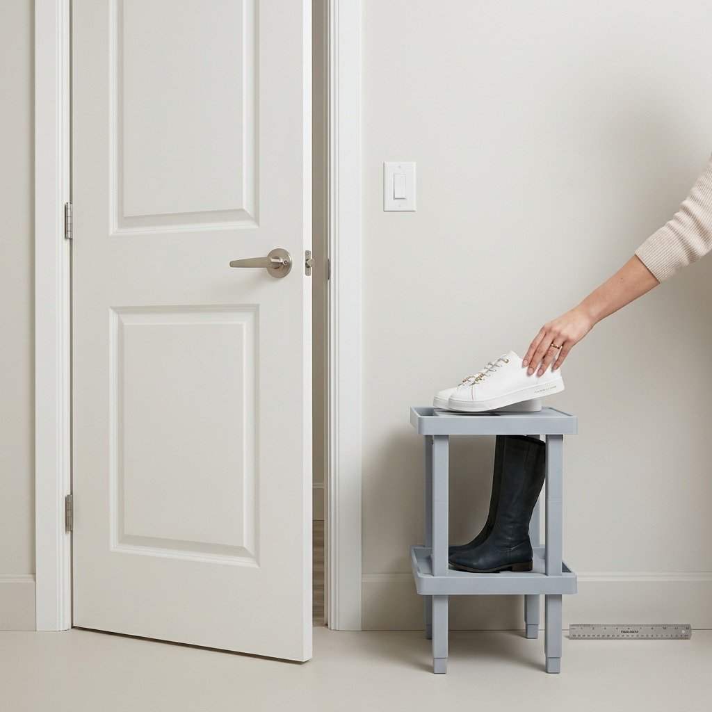 Rakabot LOCKER 2 tier locker water and mud collecting shoe rack in light grey contextually displayed on a textured mudroom floor with wet floor signs.