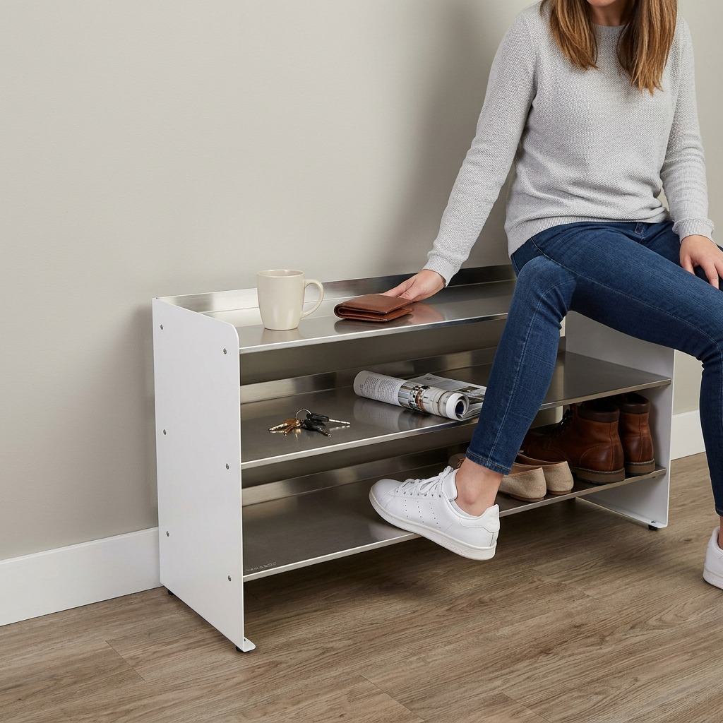 \nHero shot of the RAKABOT TIT247-SS-WHITE, a 2-tier white and stainless steel footwear rack.\n