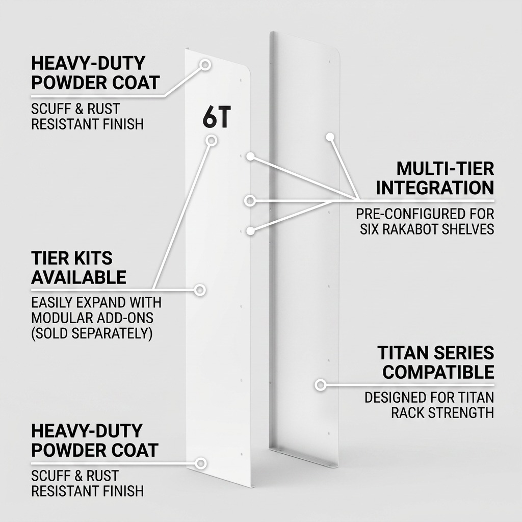A feature graphic of the pair of Rakabot Titan 6 Tier pure white side panels, referencing the '6T' and pre-drilled holes, with callout lines pointing to features and providing succinct benefit descriptions like 'Heavy-Duty Powder Coat', 'Multi-Tier Integration', and 'modular add-ons' on a clean background.