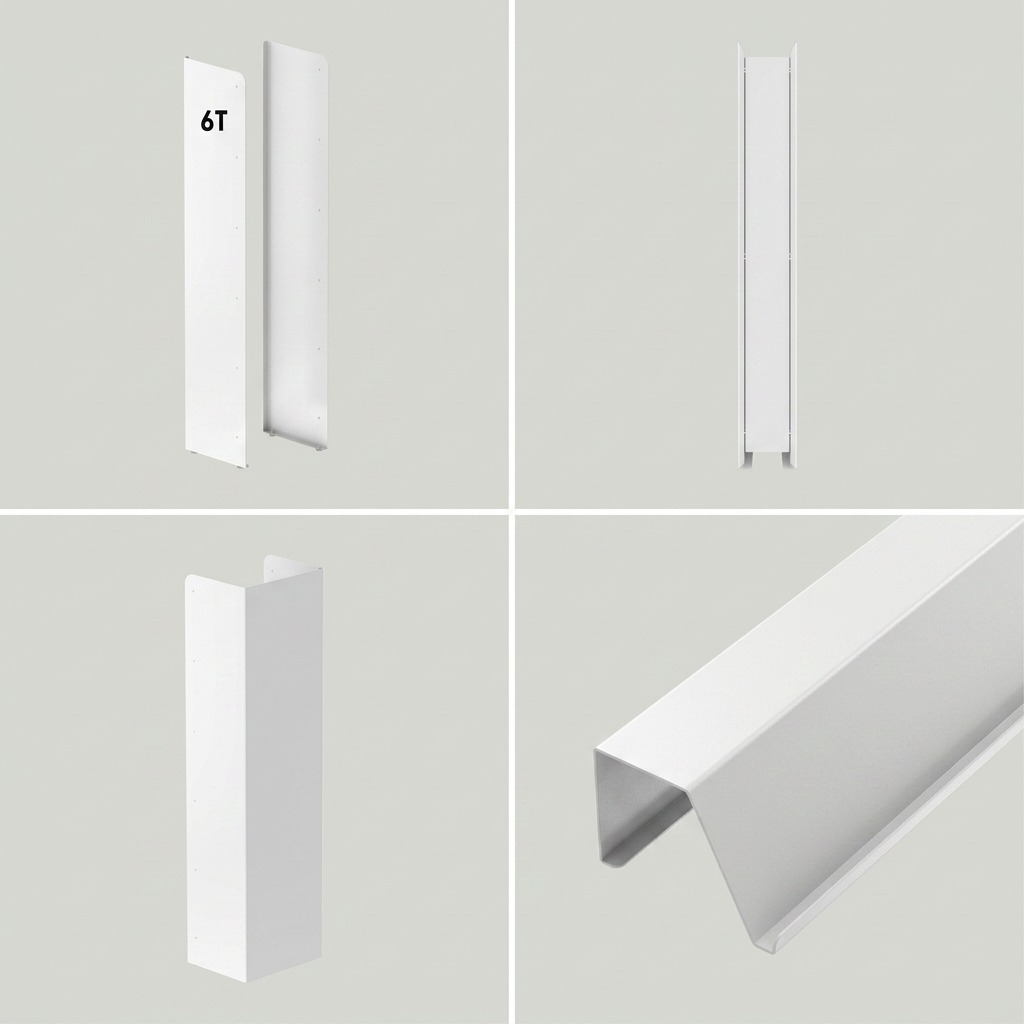 A four-panel grid matrix showing the exact white powder-coated metal L-shaped panel (MPN: TITAN-PAN6E-WHI) from alternating 3/4 front, side, back, and low angles on a pale grey background. All panels feature the specific tall, slim geometry and the accurate black "6T" text on the top corner where visible.
