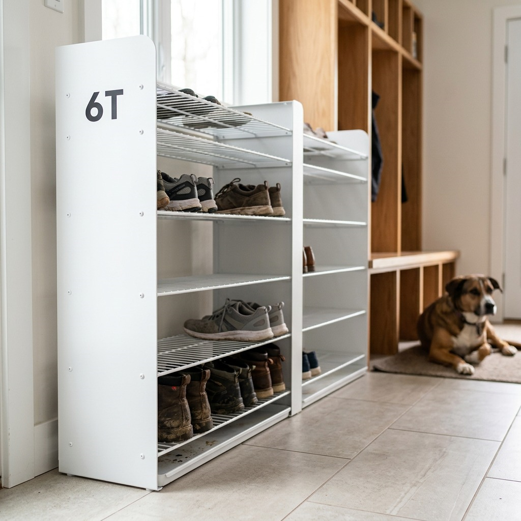 A practical lifestyle scene shows the clean white Rakabot Titan 6 Tier powdered coated side panel (TITAN-PAN6E-WHI) installed on a rack in a well-lit muddy mudroom, demonstrating its use in keeping multiple pairs of footwear organised and dry.