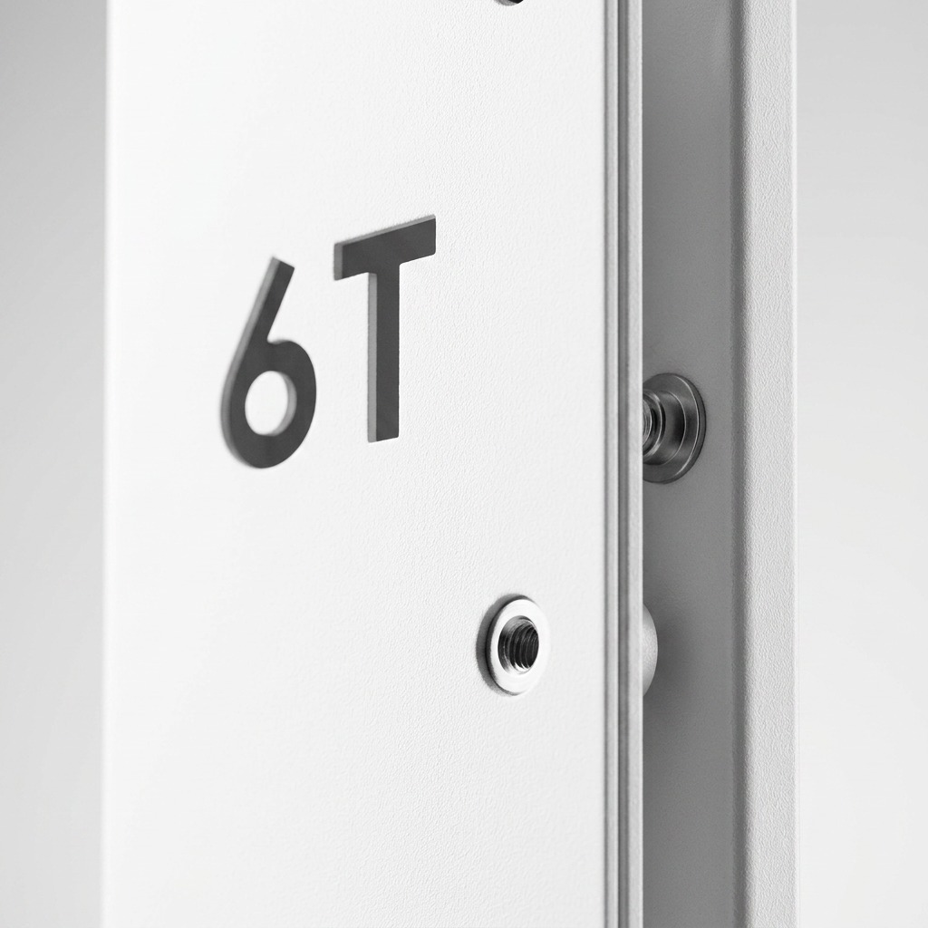 An extreme close-up photograph of the "6T" marking, precision connection points, and powder-coated texture.