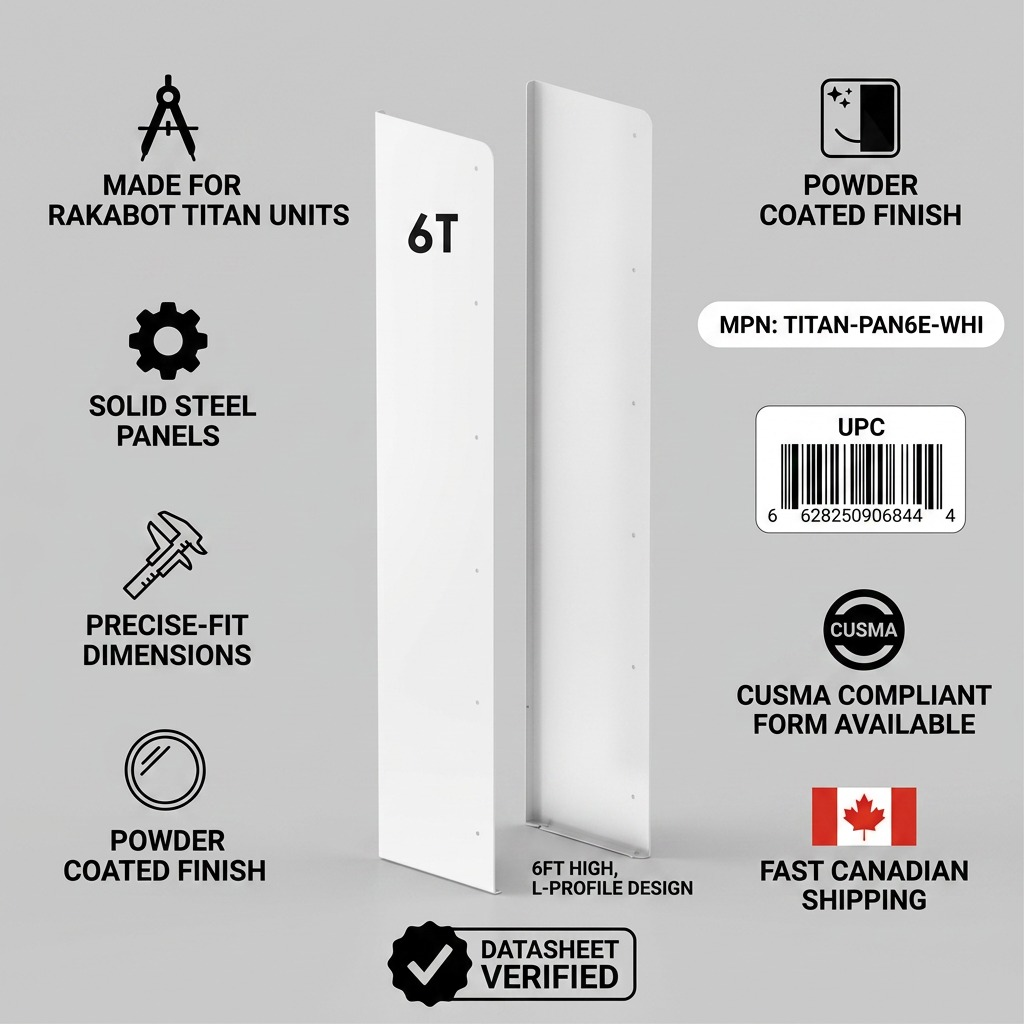 A trust and authority infographic featuring the Rakabot Titan 6 Tier Pure White side panels, with call outs for its solid steel construction, precise fit, powder-coated finish, CUSMA compliance, and fast Canadian shipping.