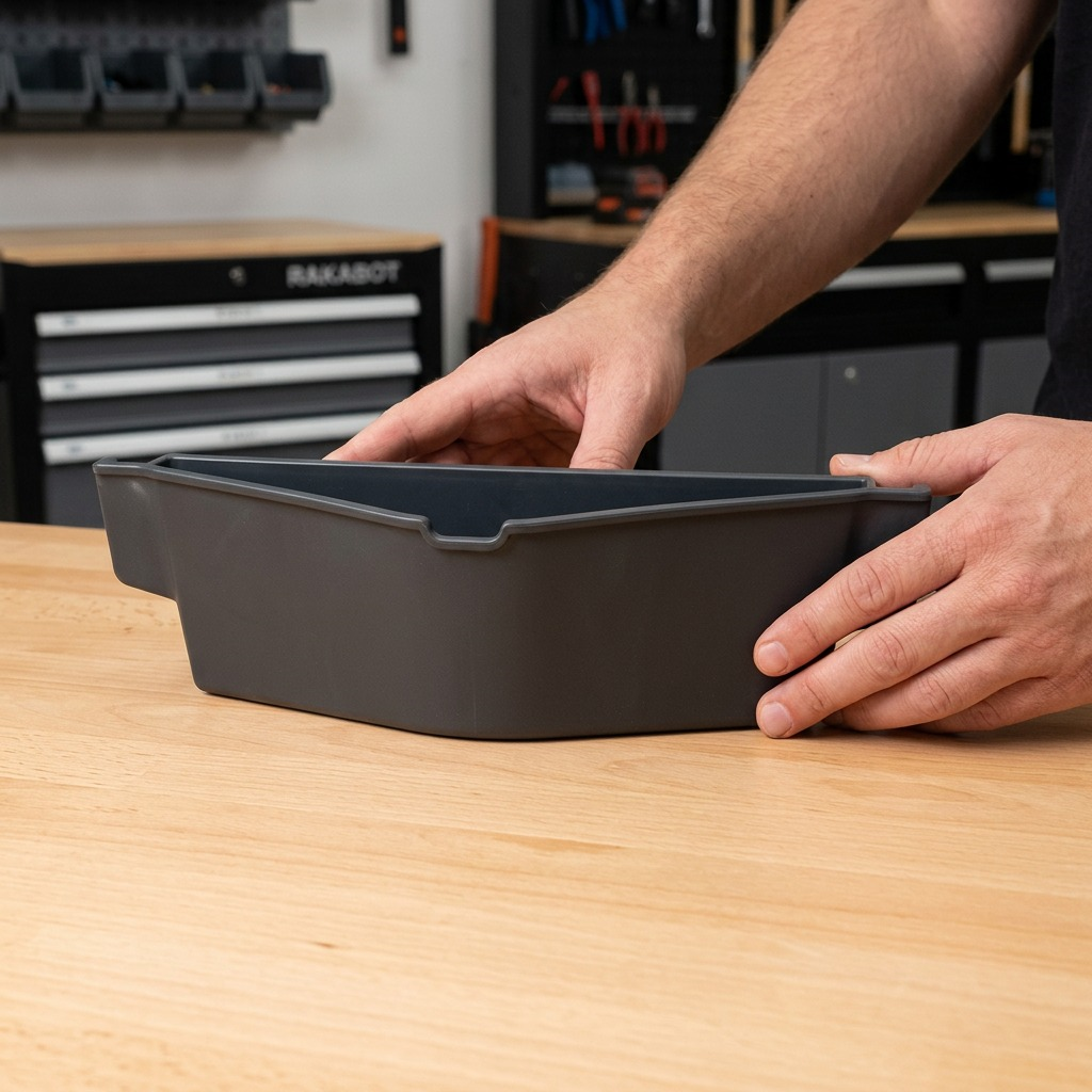 An image showing the grey RAKABOT plastic replacement containers next to human hands for a clear scale reference.