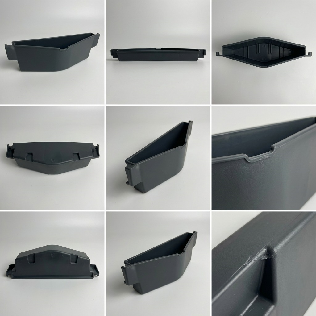 PDP 2x3 grid matrix image showing six identical dark grey [image_0.png] plastic container bins. Five panels display different useful 3D angles (angled front/top, perfect side, top-down, rear/bottom-up, 45-degree angle), plus a sixth panel for a detailed extreme close-up. Clean, light grey background with professional lighting. Precise physical details are retained.
