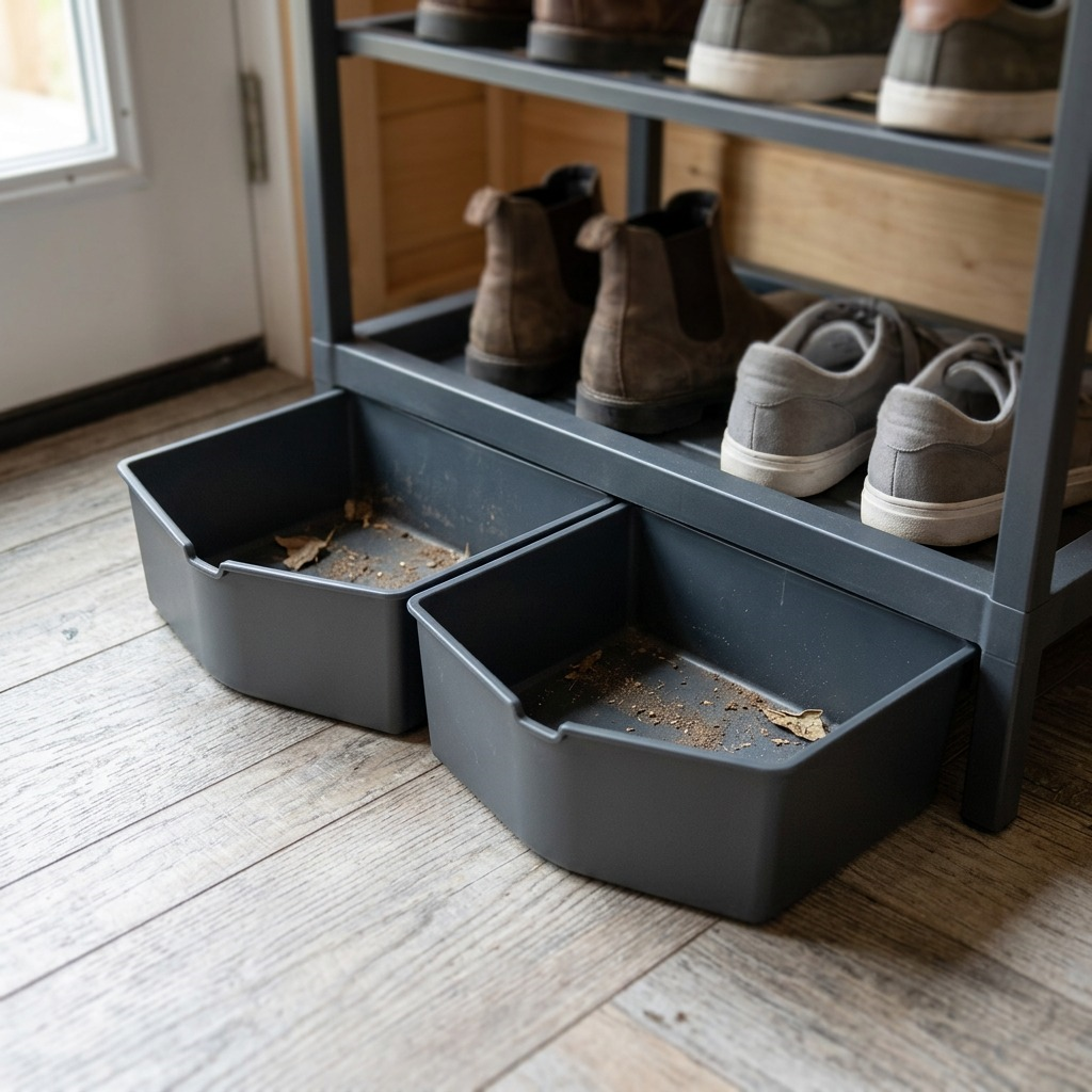 Alternative text: Close-up view of the set of two grey plastic storage buckets for the Rakabot shoe rack.