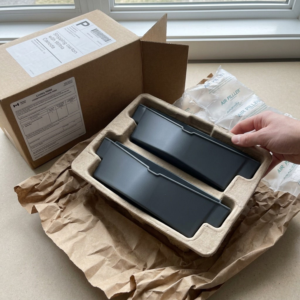 A person unboxes a well-protected brown cardboard package of two grey Rakabot containers.