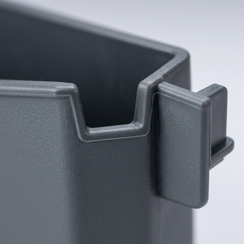 Extreme close-up of the textured grey plastic material and interlocking connector mechanism.