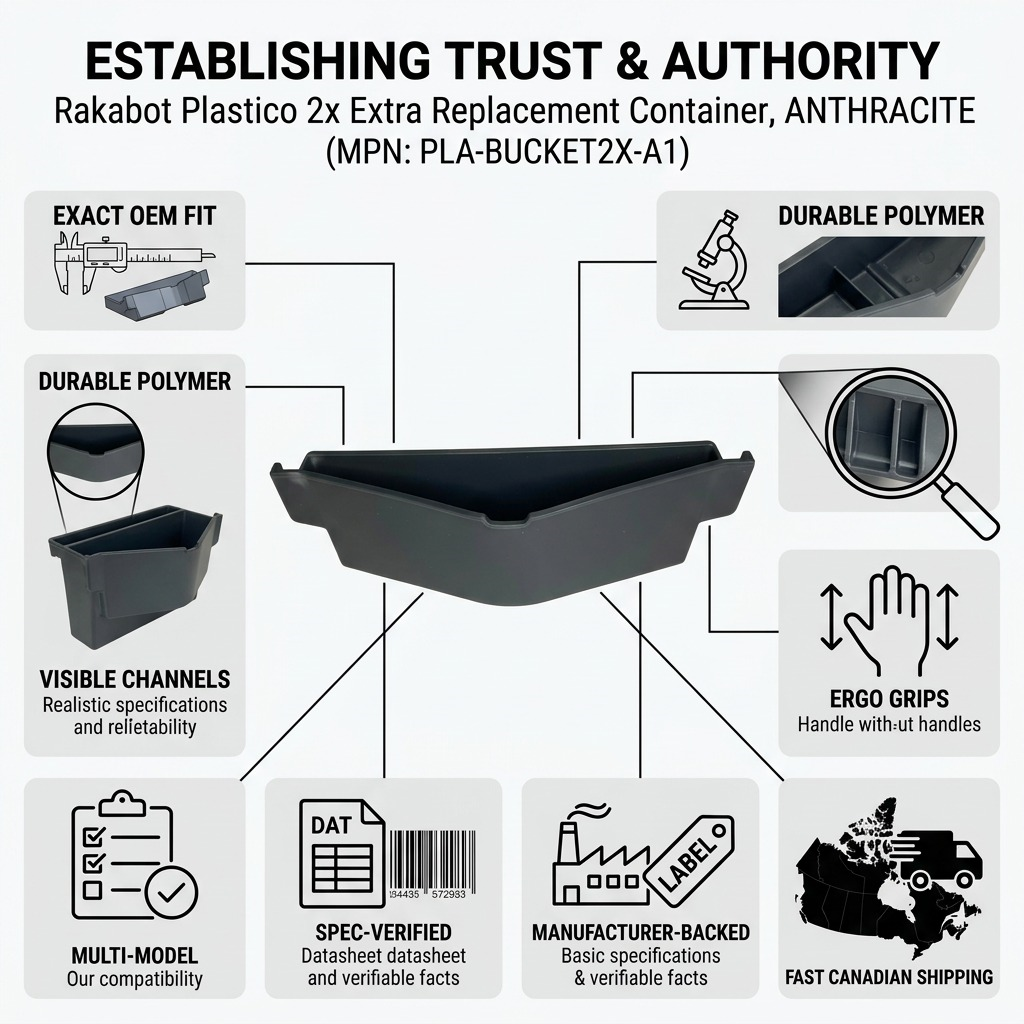 Trust and authority infographic matrix for the Rakabot Plastico 2x replacement buckets, anthracite.