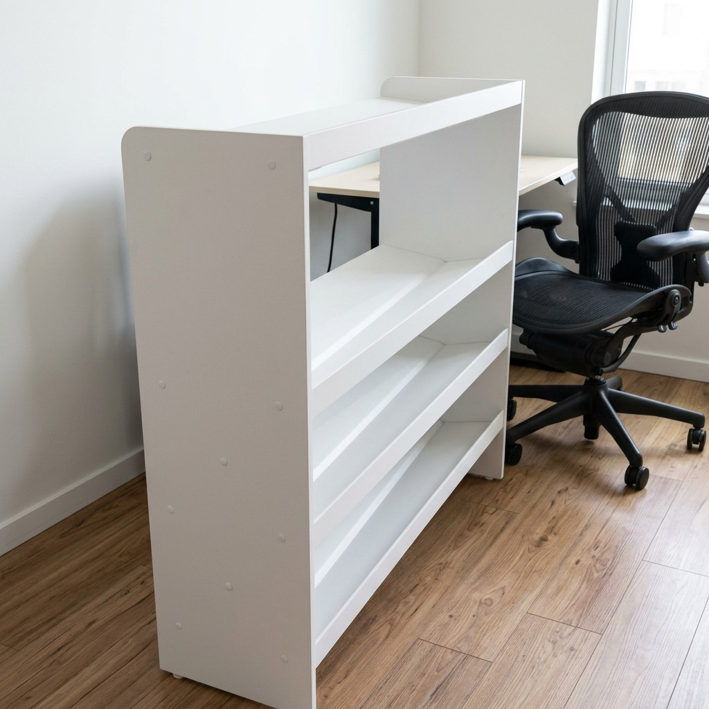 RAKABOT Titan 4-tier storage panels in pure white, angled view of durable steel shelves.
