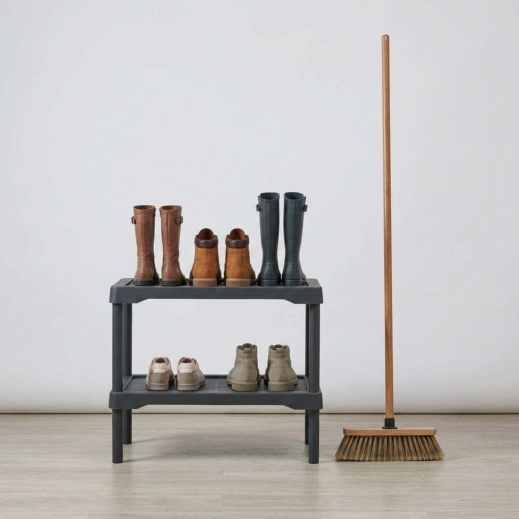 RAKABOT Plastico dark grey 2-tier shoe/boot rack holding 4 pairs including tall boots. 396