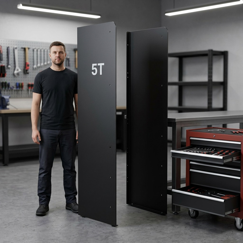 Pair of Rakabot TITAN 5-tier black heavy-duty steel side panels for boot rack assembly.