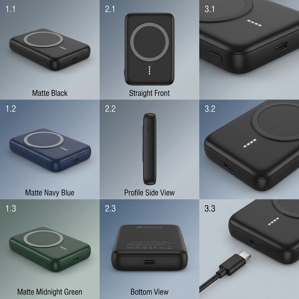A clean matrix grid of product images, displaying the Verbatim Charge 'n' Go magnetic power bank in three different colors and multiple angles against a neutral, premium background.