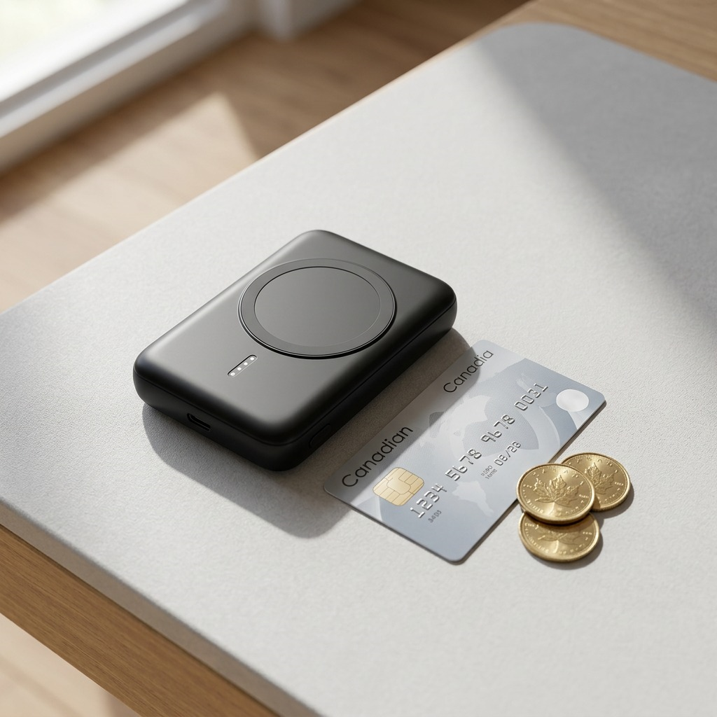 A top-down view of the black Verbatim Charge 'n' Go magnetic power bank and a standard credit card on a desk.