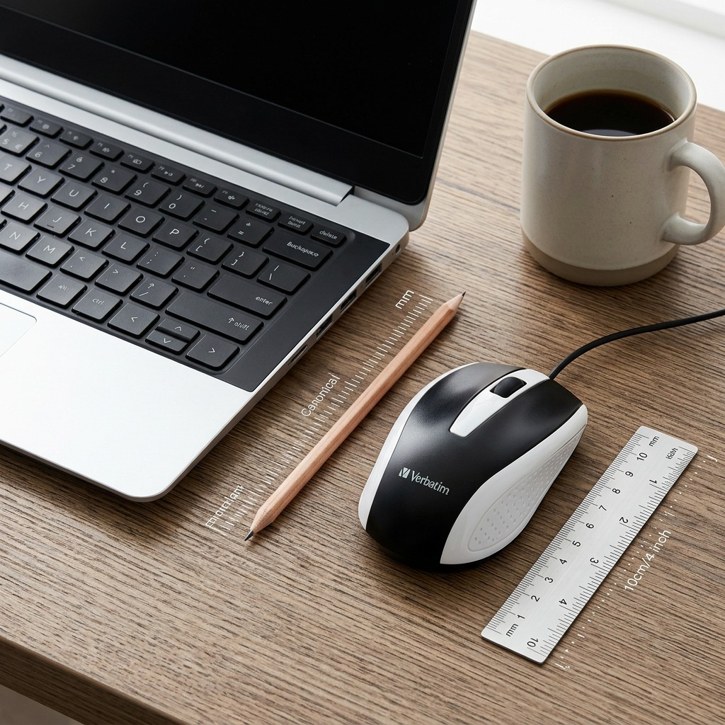 Verbatim wired mouse displayed on desk alongside pencil and ruler to demonstrate actual size.