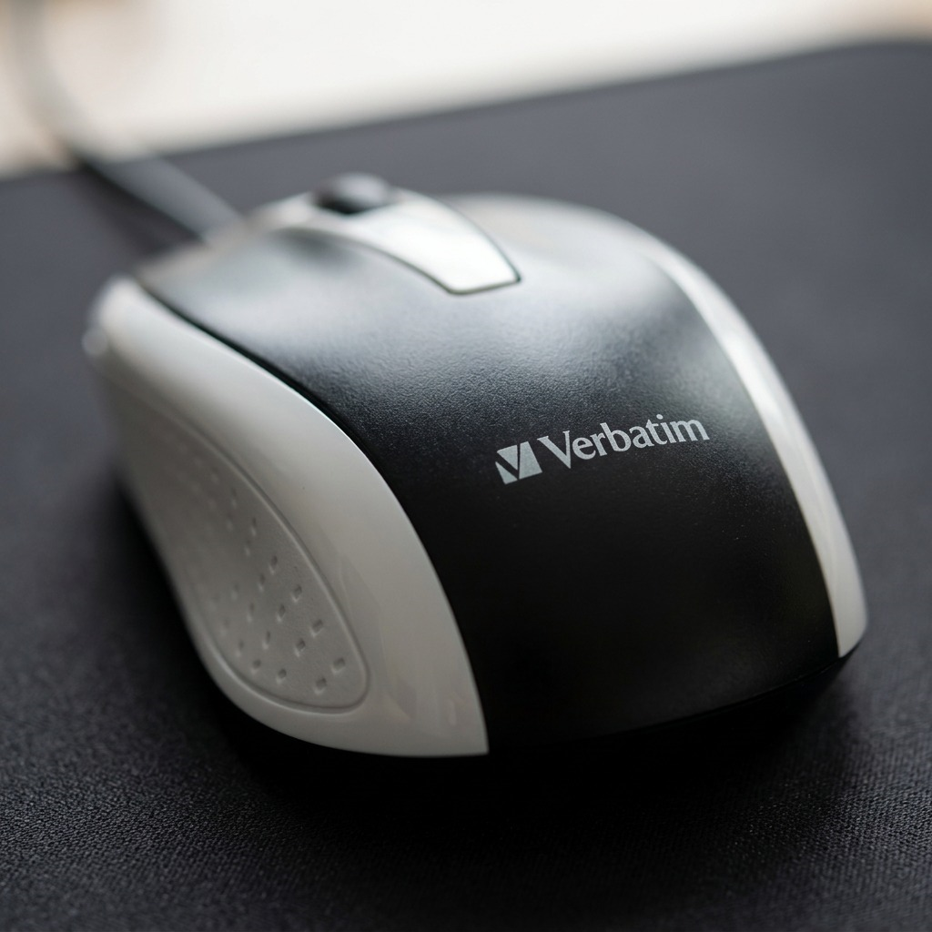 A macro photo of the Verbatim wired optical mouse, detailing part lines and texture.