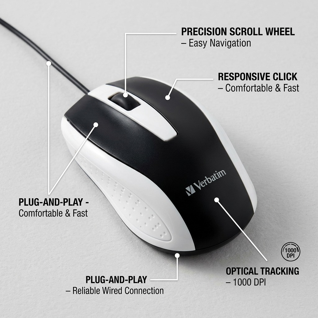 Feature graphic of Verbatim Bravo USB Mouse, showing features and benefits: Precision Scroll Wheel, Responsive Click, Plug-and-Play, and 1000 DPI Optical Tracking.