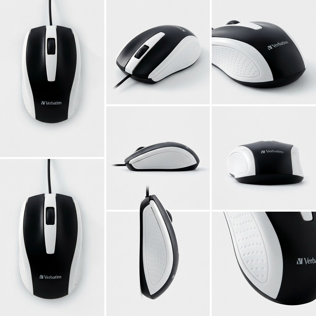 A 3x2 grid showing the white Verbatim Bravo Wired Optical Mouse from six different precise angles, including top, front, back, and both sides, against a clean, light-grey studio background.