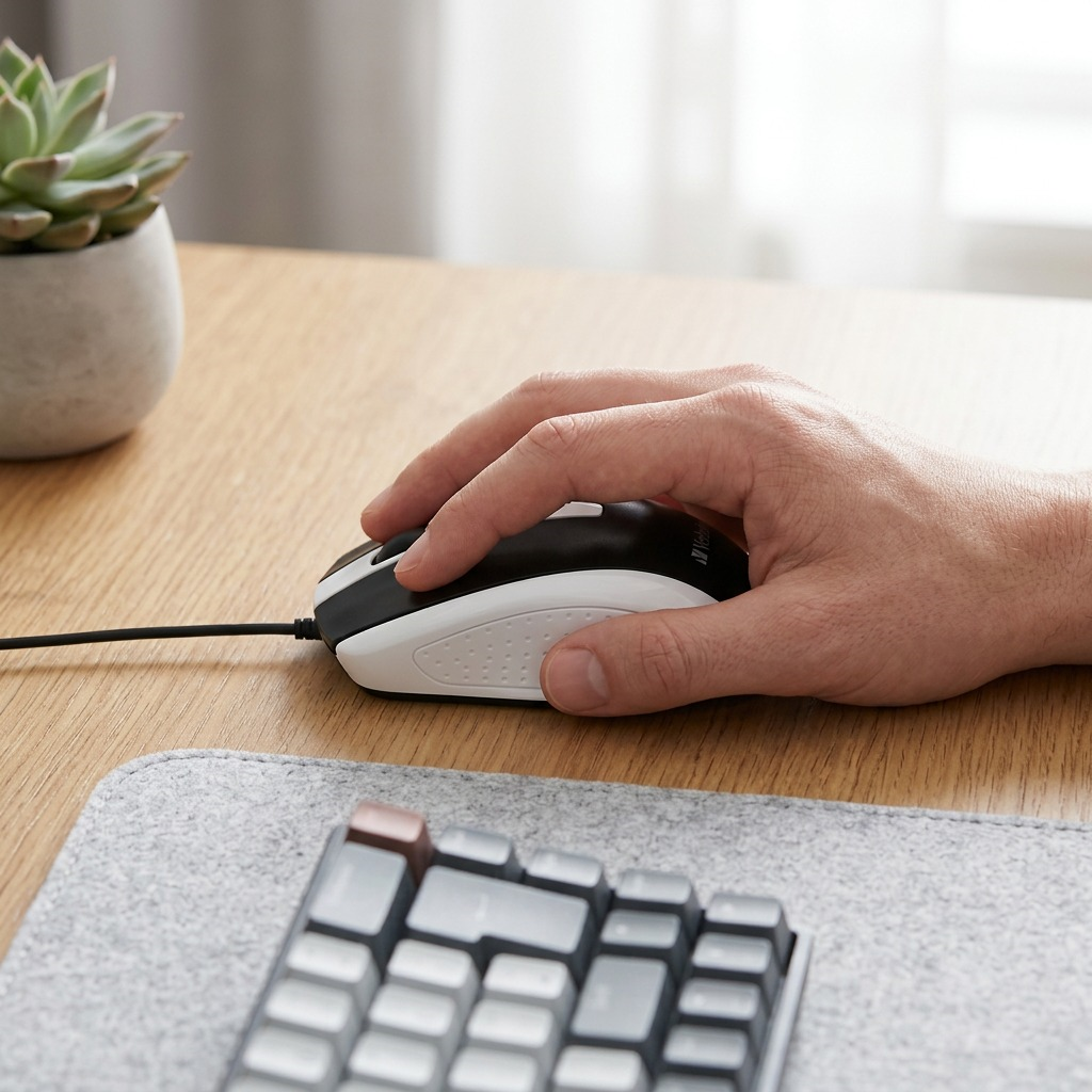 An angled overhead view of the Verbatim Verbatim Wired Optical Bravo Mouse - White, on a grey desk mat near a keyboard.