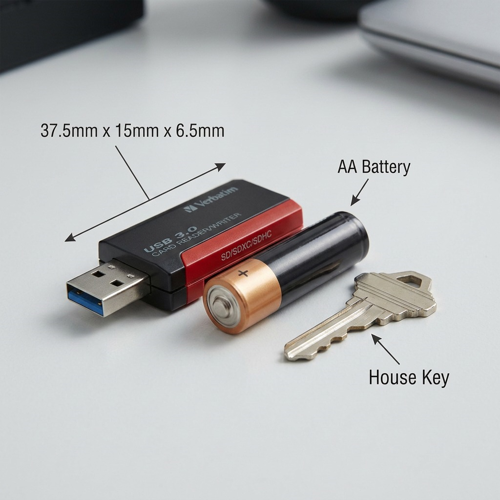 High-resolution, centered ecommerce hero shot of the Verbatim Pocket Reader SD/microSD USB 3.0 (MPN: 98538, UPC: 023942985389) on a pure white background. The 3/4 angle highlights the black and red two-tone design, the USB 3.0 connector, and the clean 'Verbatim' logo. The exact shape, product markings, and slots for SD and microSD are crisply rendered.