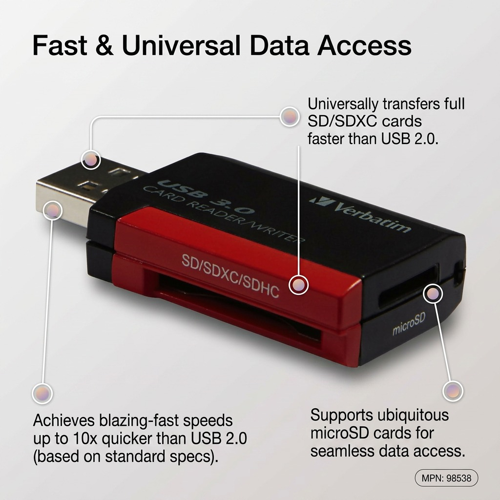 Feature callout graphic shows a Verbatim card reader with labels for fast transfers and universal card support to translate technical capabilities to benefits.